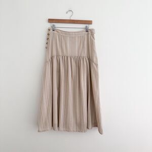 NWT Anthropologie Neutral Stripe Gathered Midi Skirt Side Button Detail Size 12